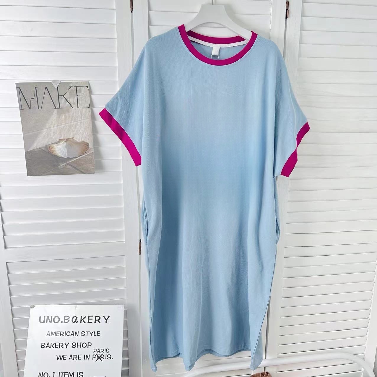 女士夏季新款复古大版宽松撞色长款T恤亲子B2623