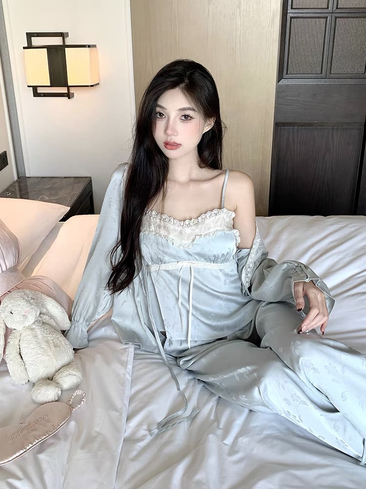 【薄荷奶绿】睡衣家居服春夏款女款可外穿亲肤柔光锻面翻领长袖长裤