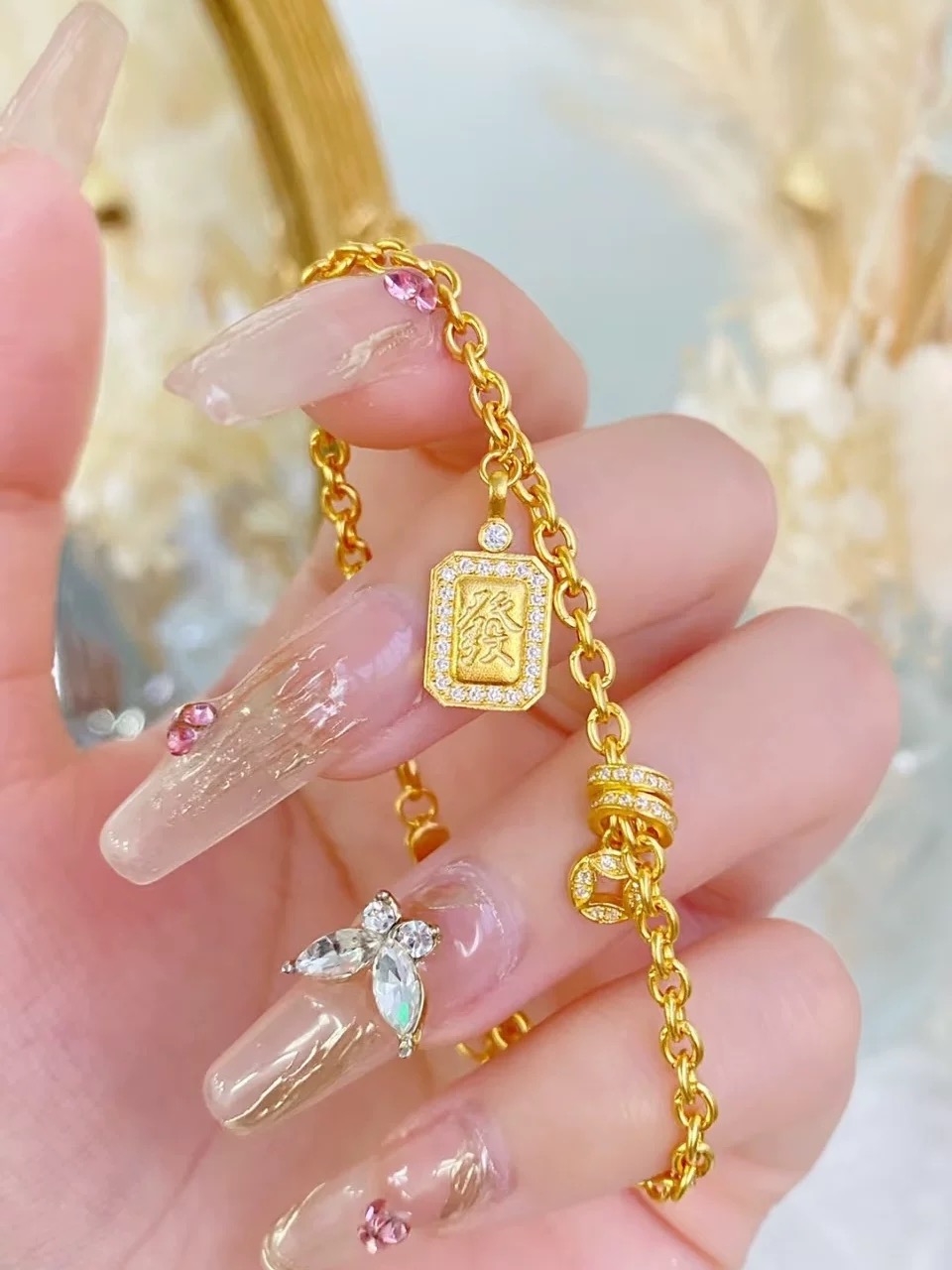 铜合金锆石手链 铜合金發字钱币款手链气质时尚轻奢简约精致小众