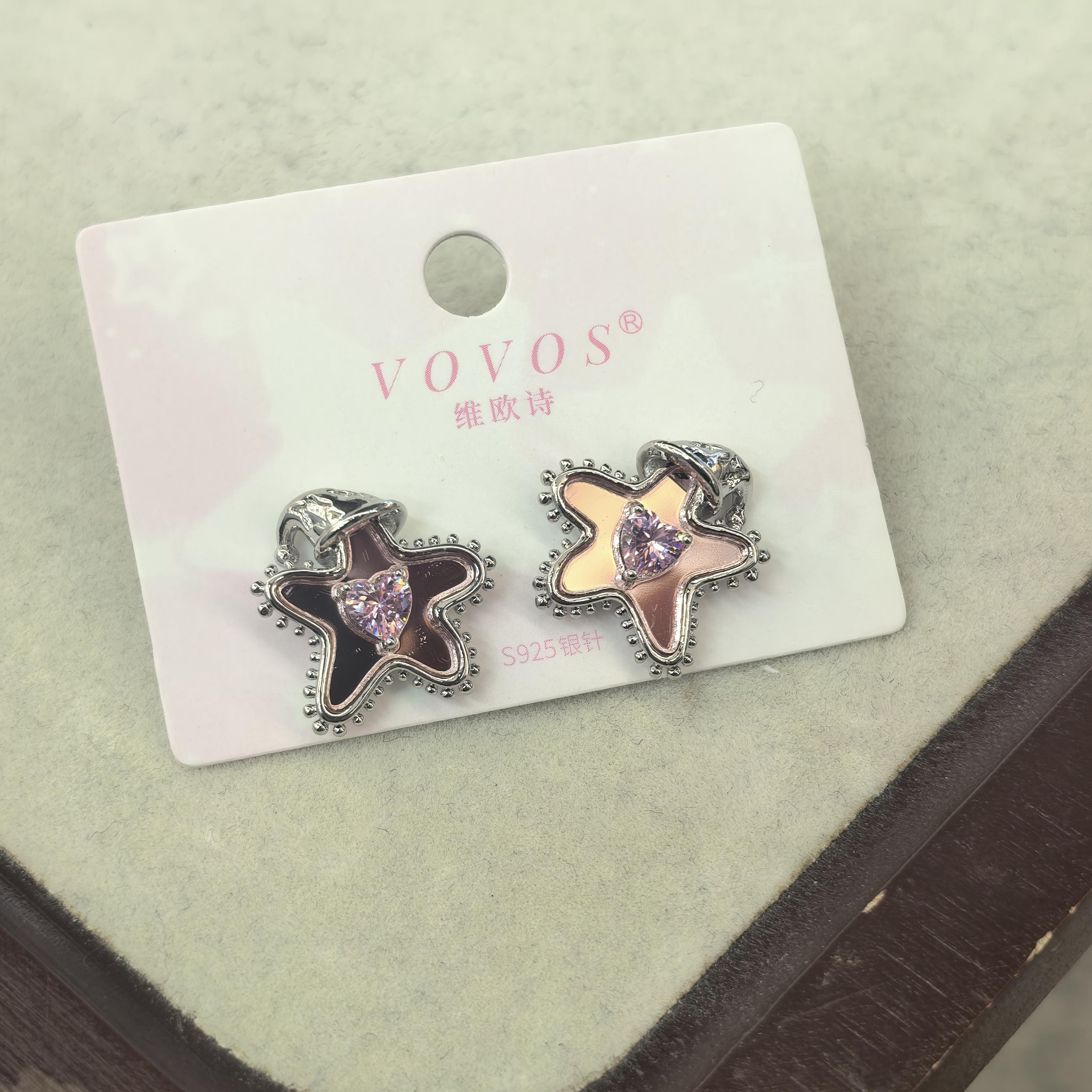 铜合金锆石耳饰 D107粉色镜面星星爱心闪闪耳钉耳饰