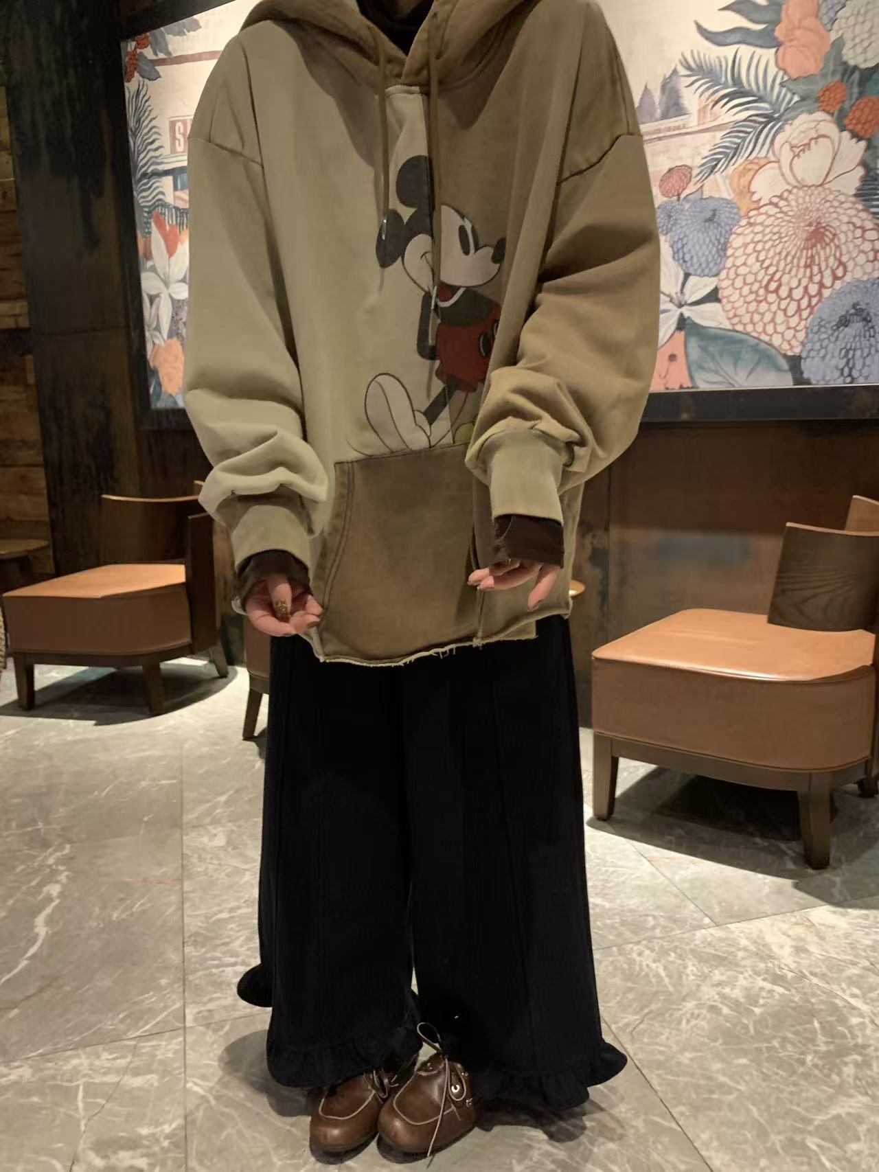 TOMATO-“拼色炒盐米奇连帽卫衣”重工艺撞色做旧韩版卫衣#803