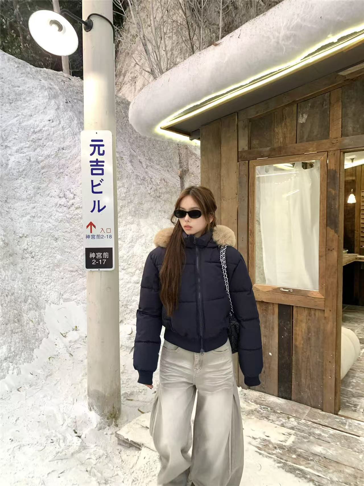 复古毛领连帽拉链棉服外套冬季百搭宽松短款棉衣保暖上衣（028-N）