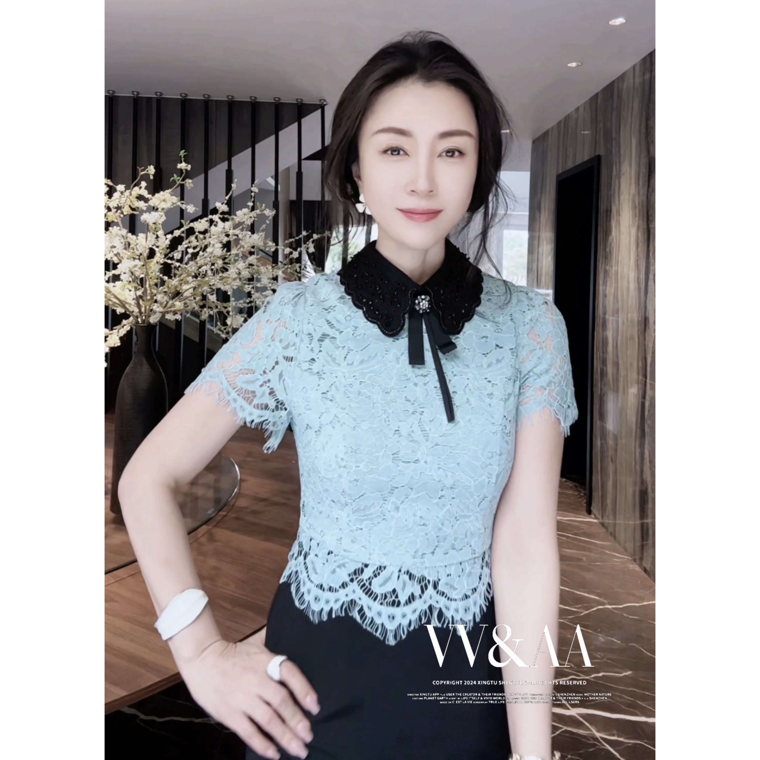 VV&AA 春夏手工钉珠蕾丝拼接时尚精致洋气连衣裙 GJ4333