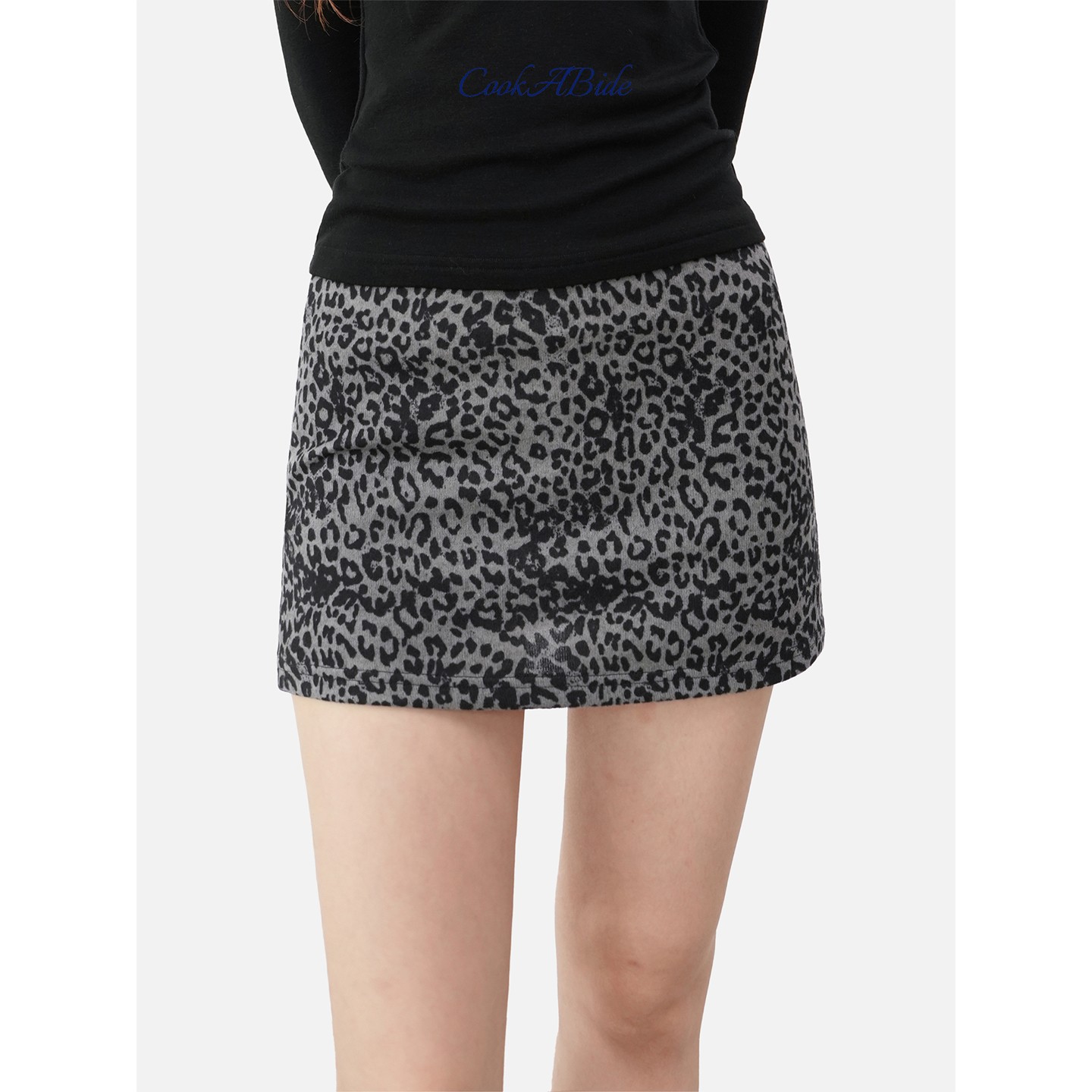 CookABide 复古黑灰豹纹针织弹力包臀短裙半身裙