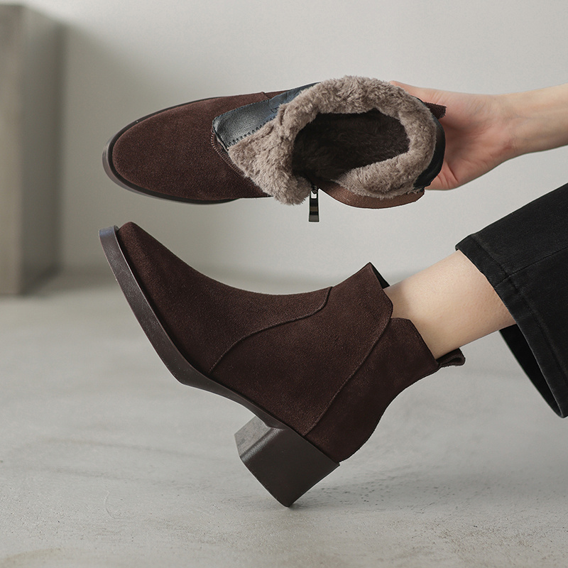 徐先生 牛反皮 跟高5cm 34-42秋冬新款短筒靴女粗跟厚底短靴不累