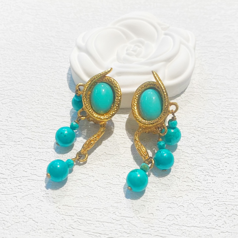 合金耳饰 中古合金蛇造型蓝色小流苏耳夹/M2110303