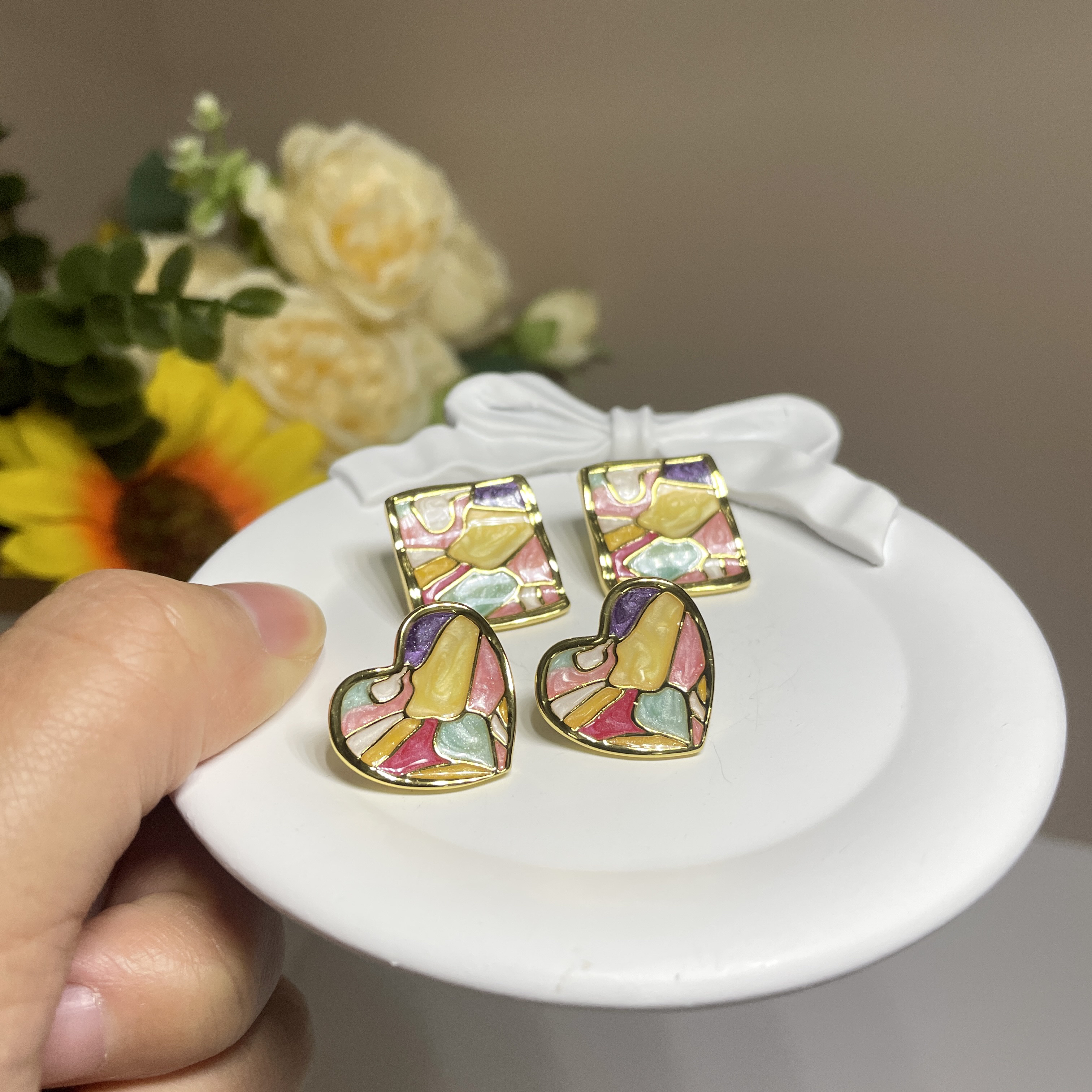 铜合金珐琅耳饰 铜镀真金法式复古心形方形彩色珐琅滴釉小众耳钉