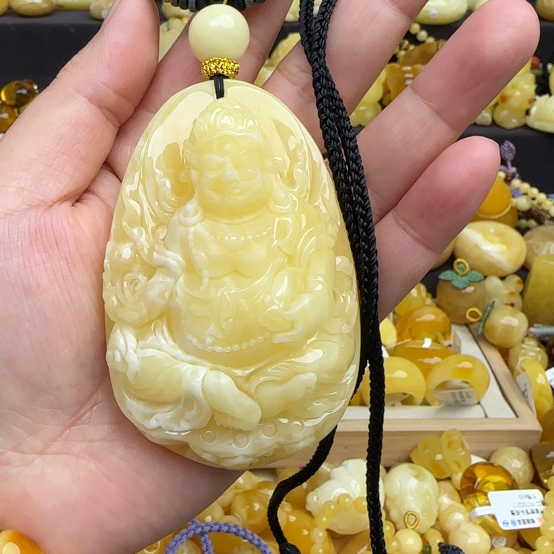 蜜蜡套链未镶嵌天然白花蜜蜡黄财神
