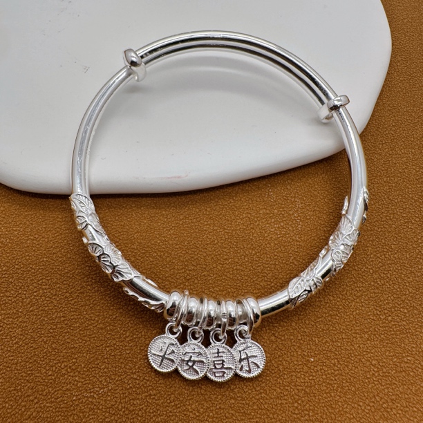 足银手镯 足银999.9 【平安喜乐繁花手镯】实心推拉手镯带吊坠
