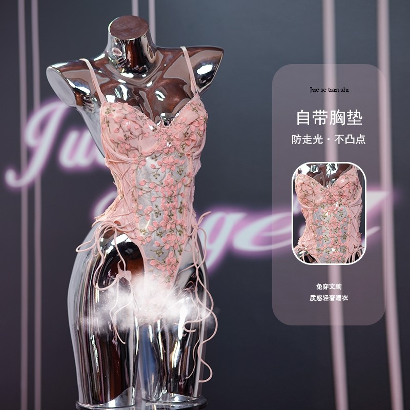 杏花蕾丝重工网纱刺绣立体花朵轻奢国风性感连体睡衣