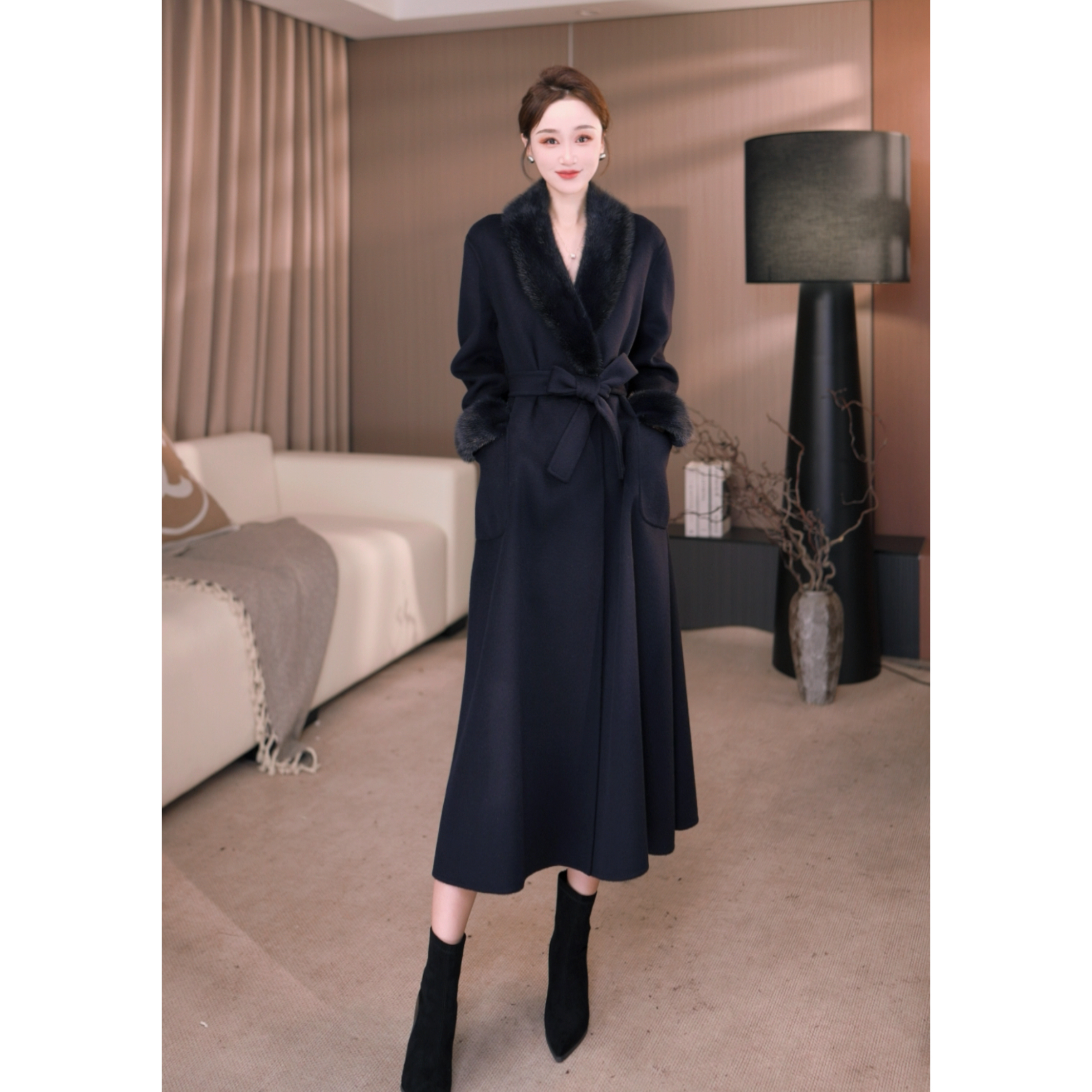 水貂毛领大袖宽松型毛呢外套高级感小众不撞衫设计感毛呢大衣