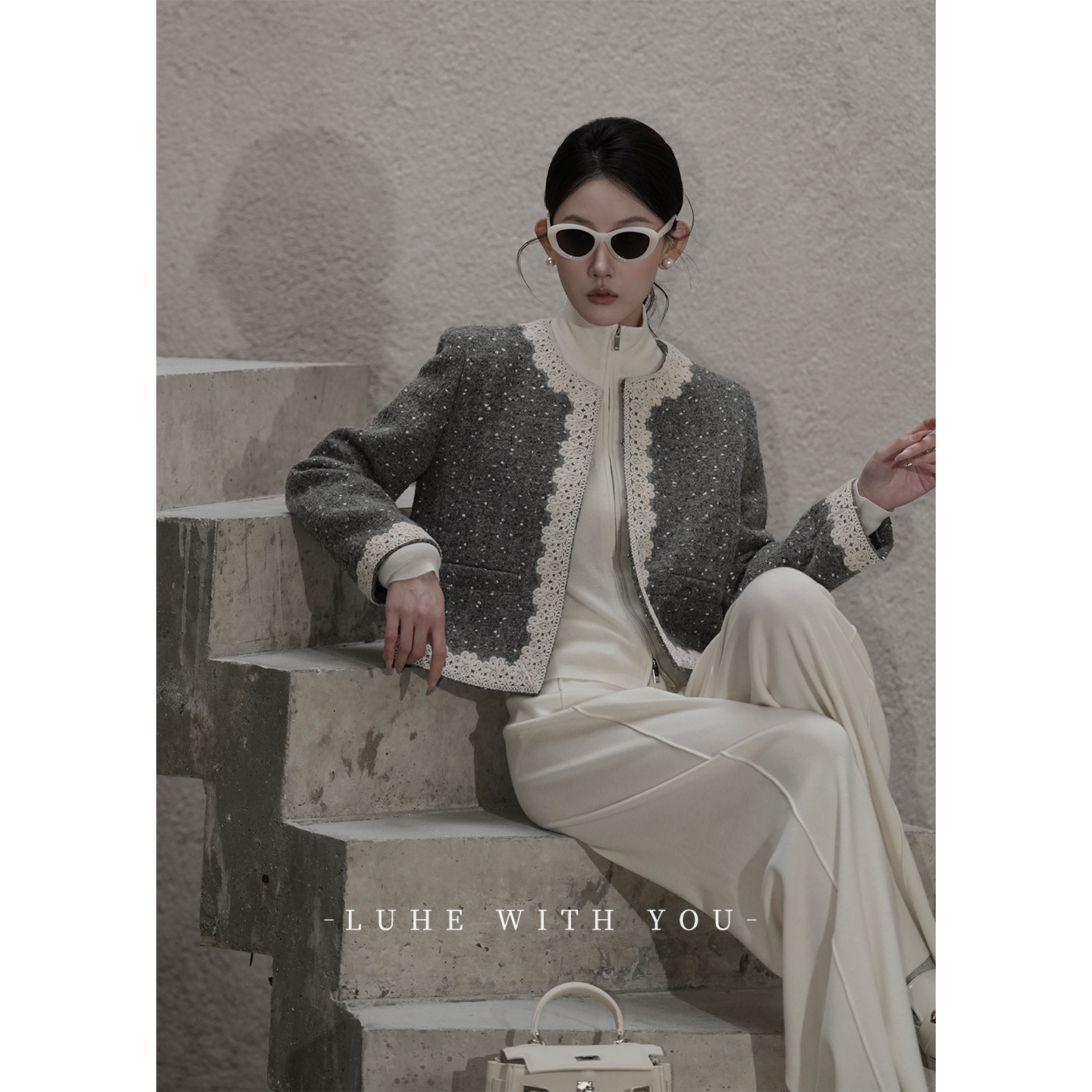 LUHE【悉尼日记】hehe私服~重工绵羊毛呢料花边装饰外套