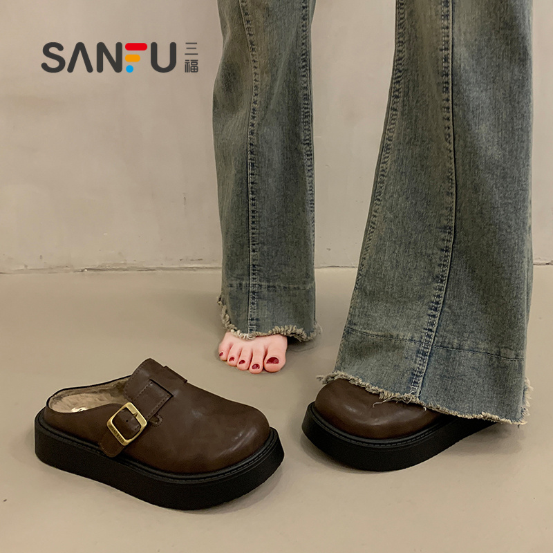 三福皮面厚底勃肯拖鞋女2025冬季新款加绒一脚蹬百搭包头半拖鞋子