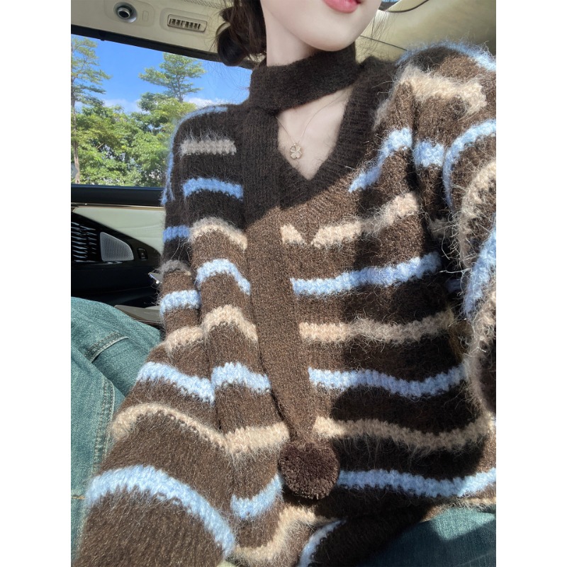 法式复古撞色条纹V领针织上衣秋冬新款慵懒风加厚飘带套头毛衣女