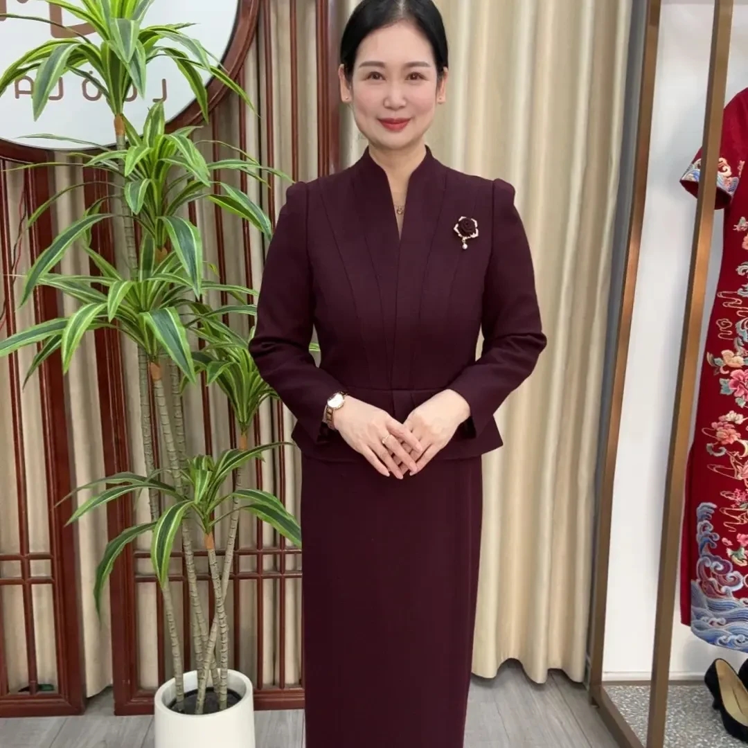 YJT01衣玖绫紫红色1.16米秋冬新款羊毛呢假两件显瘦气质旗袍裙