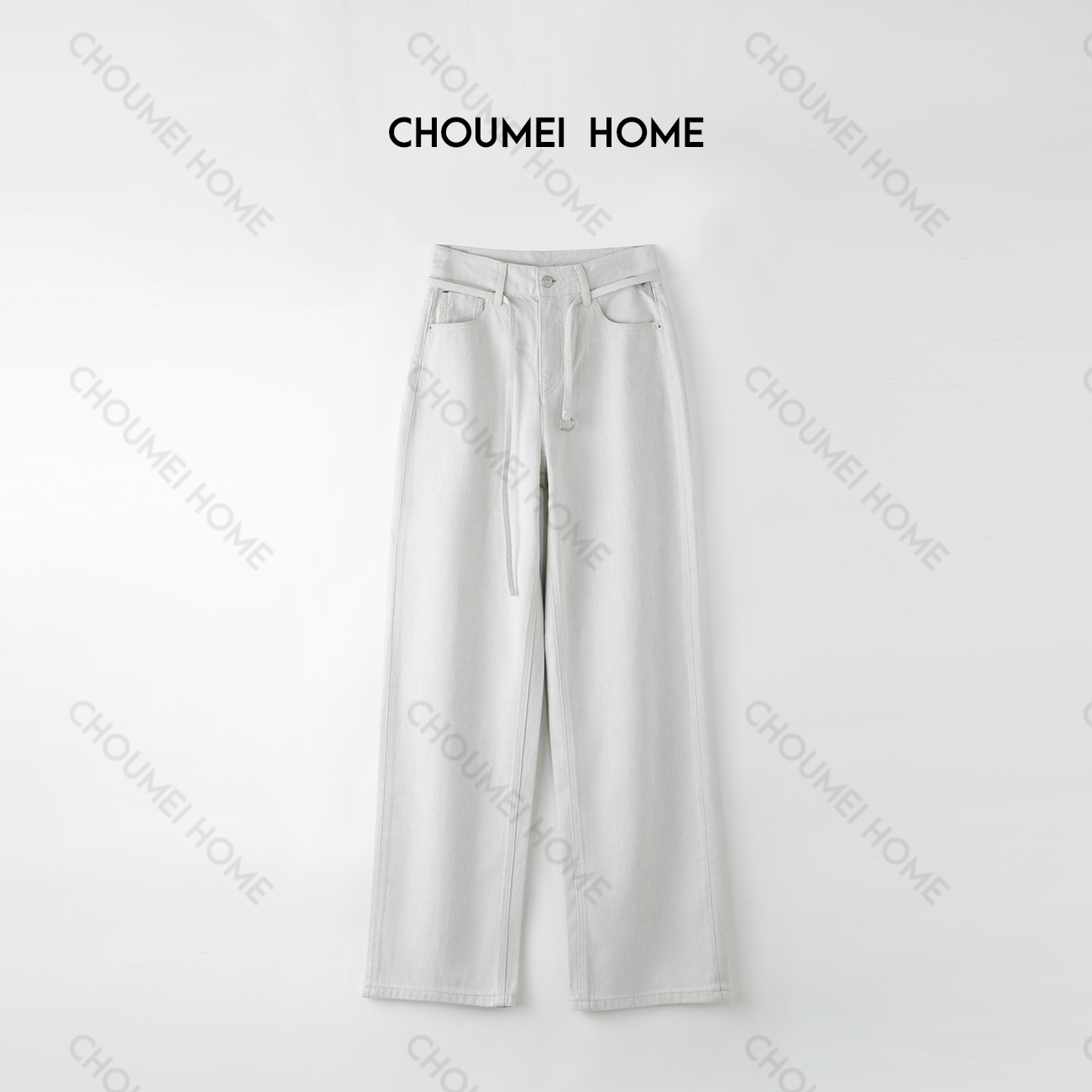Choumei Home2025秋季款原牛灰白底高质牛仔裤女 抽绳窄版直筒裤