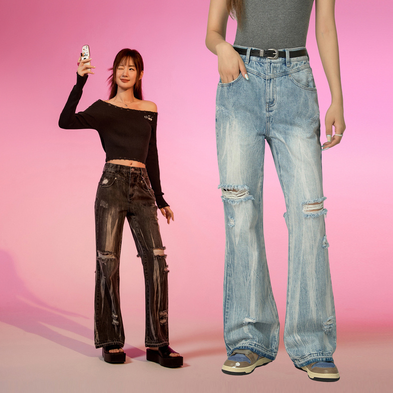 【达人专属】CHUU扎染配色高腰微喇破洞小众风百搭显瘦牛仔裤-Q