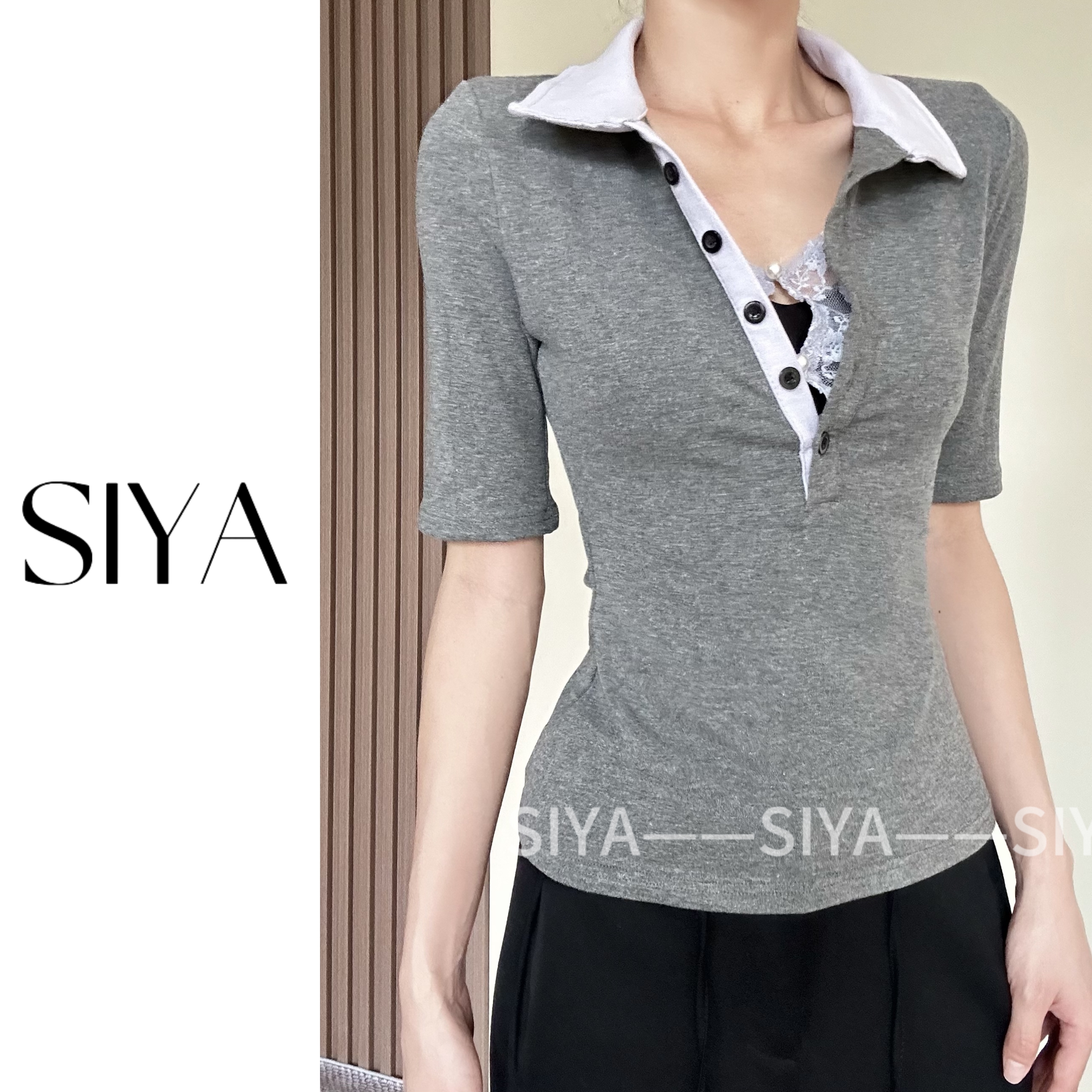 【SIYA】显瘦时尚气质纽扣半开领紧身恤春季设计修身别致长袖打底