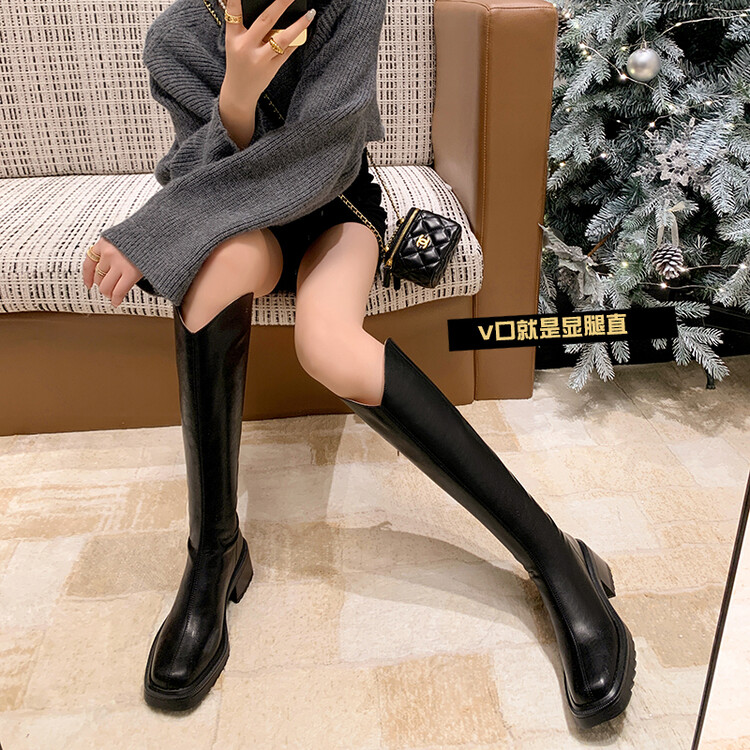 5.5cm【牛皮】 方头厚底长筒靴骑士靴时装靴增高时尚女秋冬/大小/筒