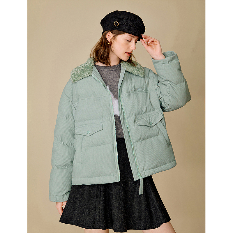 【嘉鹅专属】茵曼25冬休闲羊羔毛大翻领灯芯绒羽绒服保暖短款外套