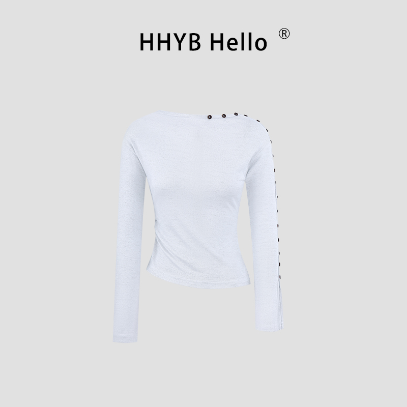 HHYB Hello微透打底衫女秋设计感纽扣斜肩长袖T恤上衣女250917