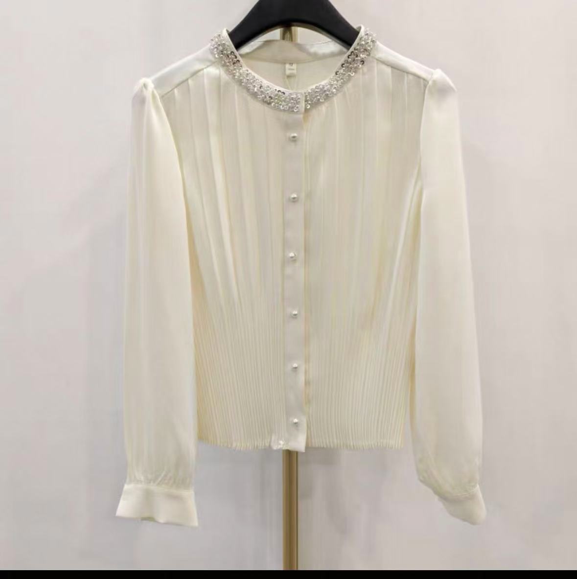 时尚钉圆领休闲显瘦条纹百搭洋气百褶女衬衫珠