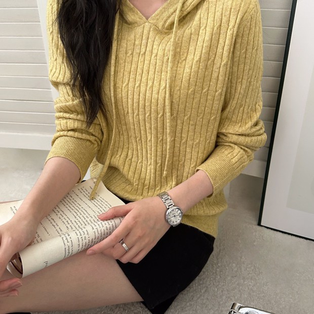 连帽宽松型针织不褪色纯色羊绒衫上衣长袖秋冬百搭
