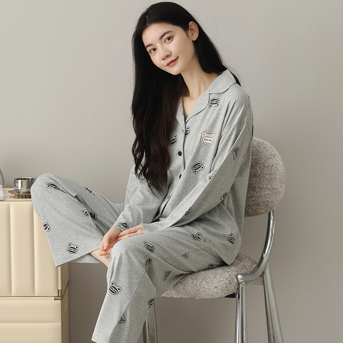 芬腾【高级十足】女款七夕礼物家居服套装纯棉睡衣大码长袖春夏秋