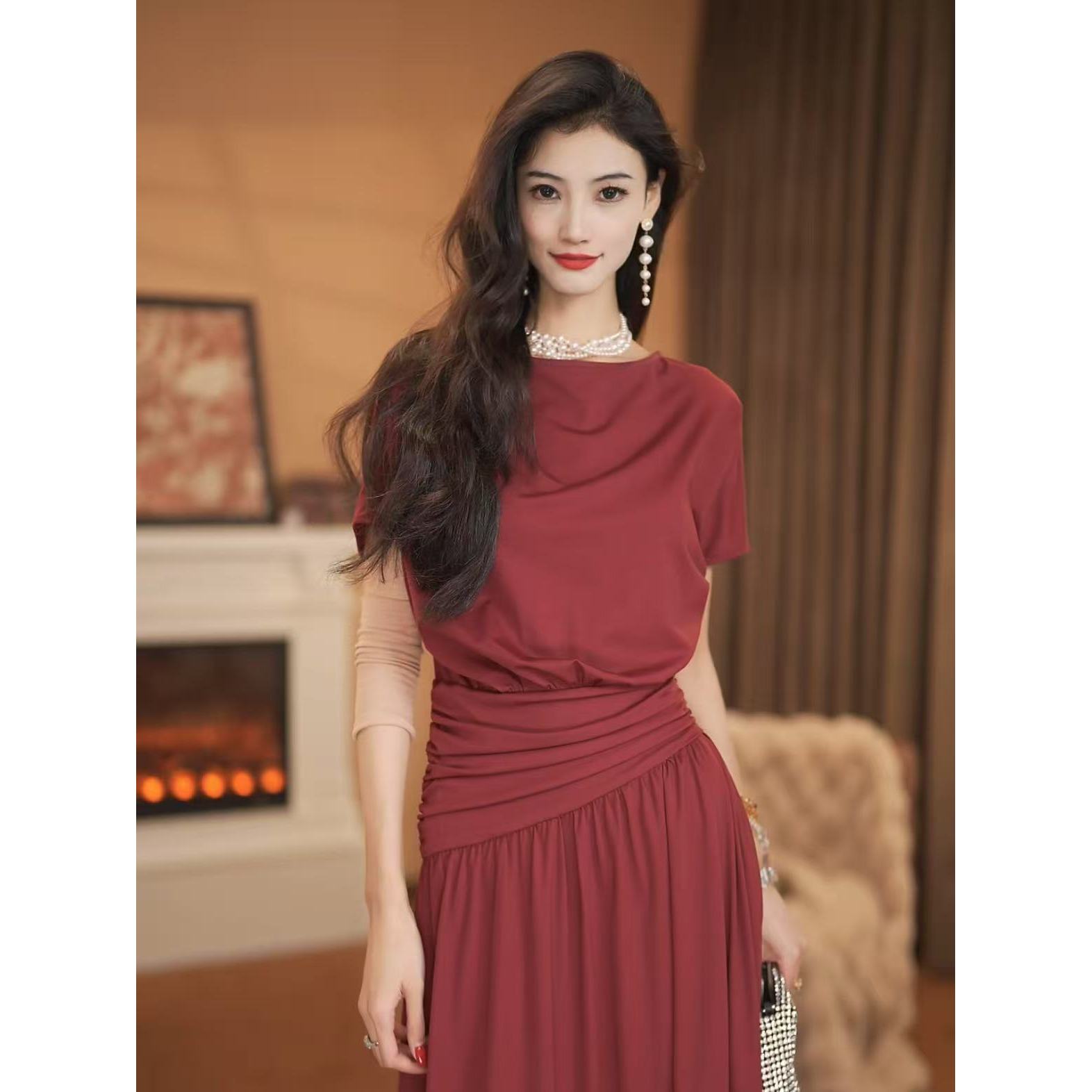 【于一】一点红 春夏法式短袖纯色时尚修身显瘦连衣裙-HZ731