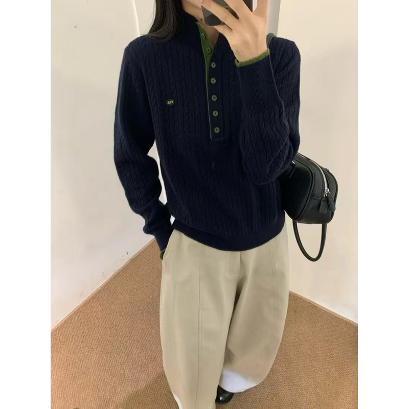 【线下同款】~高定款！立领7粒扣麻花针织毛衣套头衫B1756