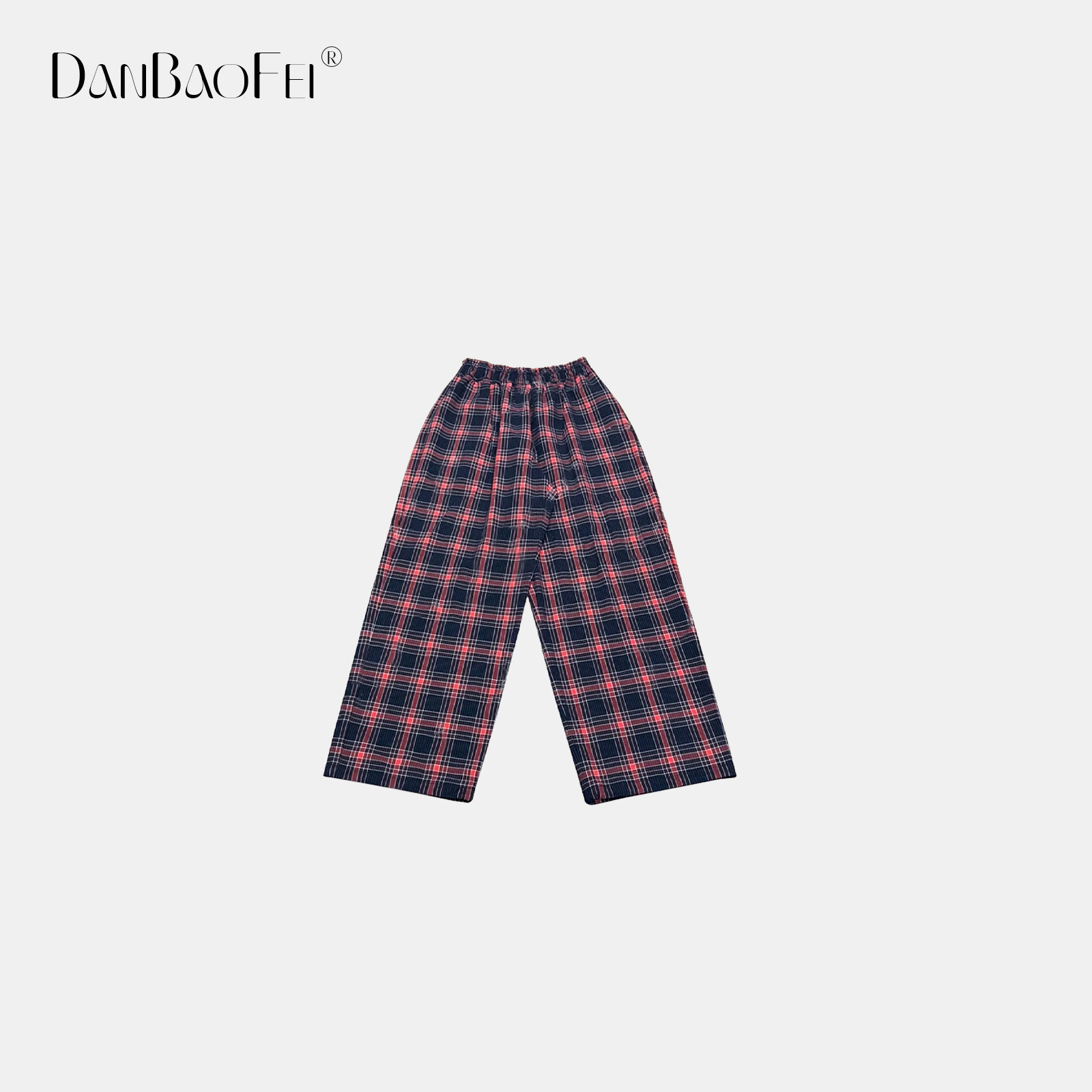 【柠檬】 复古撞色格纹纯棉松紧腰阔腿休闲裤YLM00820