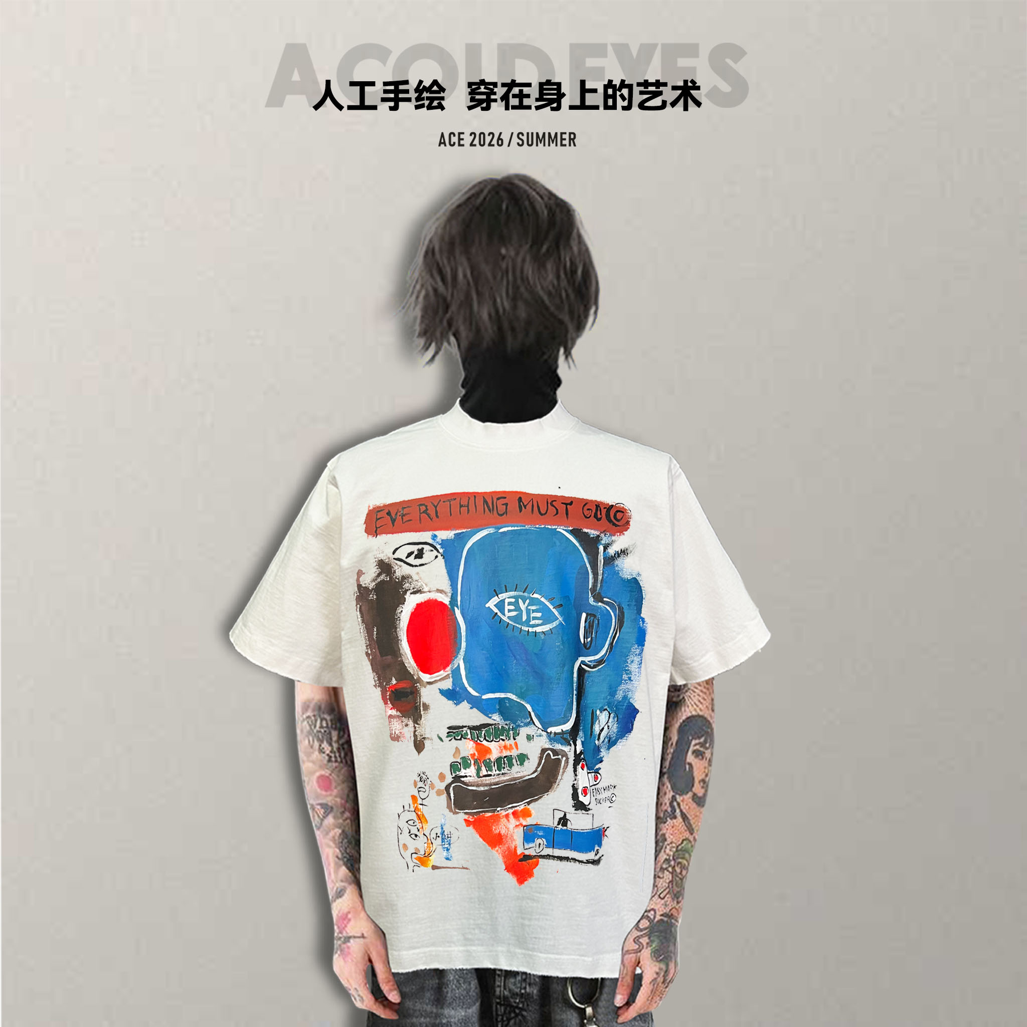 【冷目】380g重磅手绘艺术涂鸦宽松圆领短袖T恤上衣男AC-2606