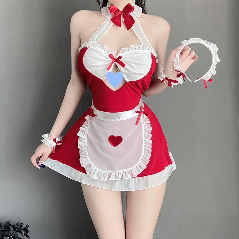 日系公主俏皮女仆性感爱心肚兜式收腰白色睡裙连衣裙战袍lolita