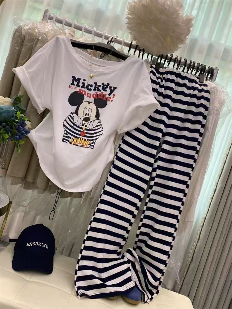 【崔】A0135 卡通米奇字母印花慵懒风宽松t➕条纹长裤两件套