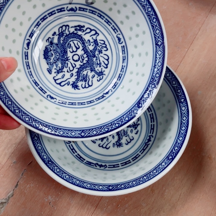 青花玲珑7寸面碗荷叶边龙纹2个静**尘