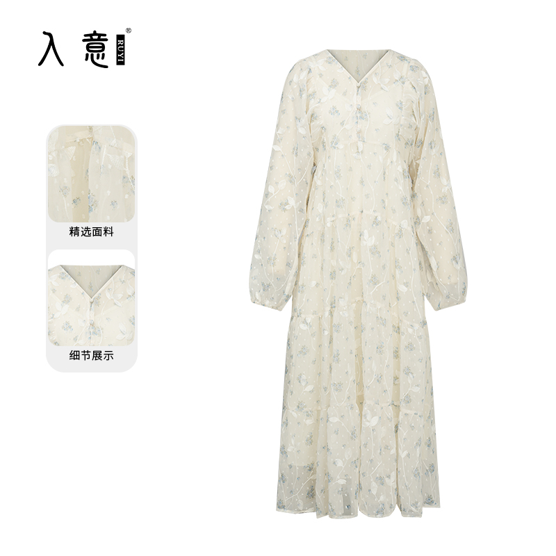 【入意】~2025春季新款米白色长袖碎花宽松连衣裙女中长裙CNH000749