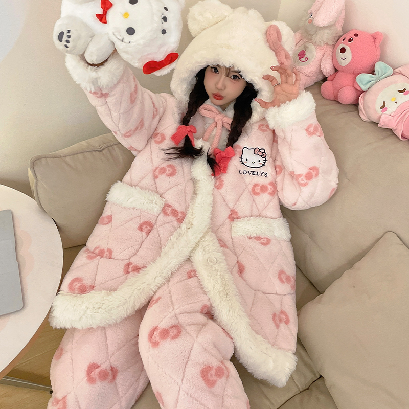 bejirog/北极绒甜美连帽款珊瑚绒三层夹棉少女冬季保暖睡袍家居服