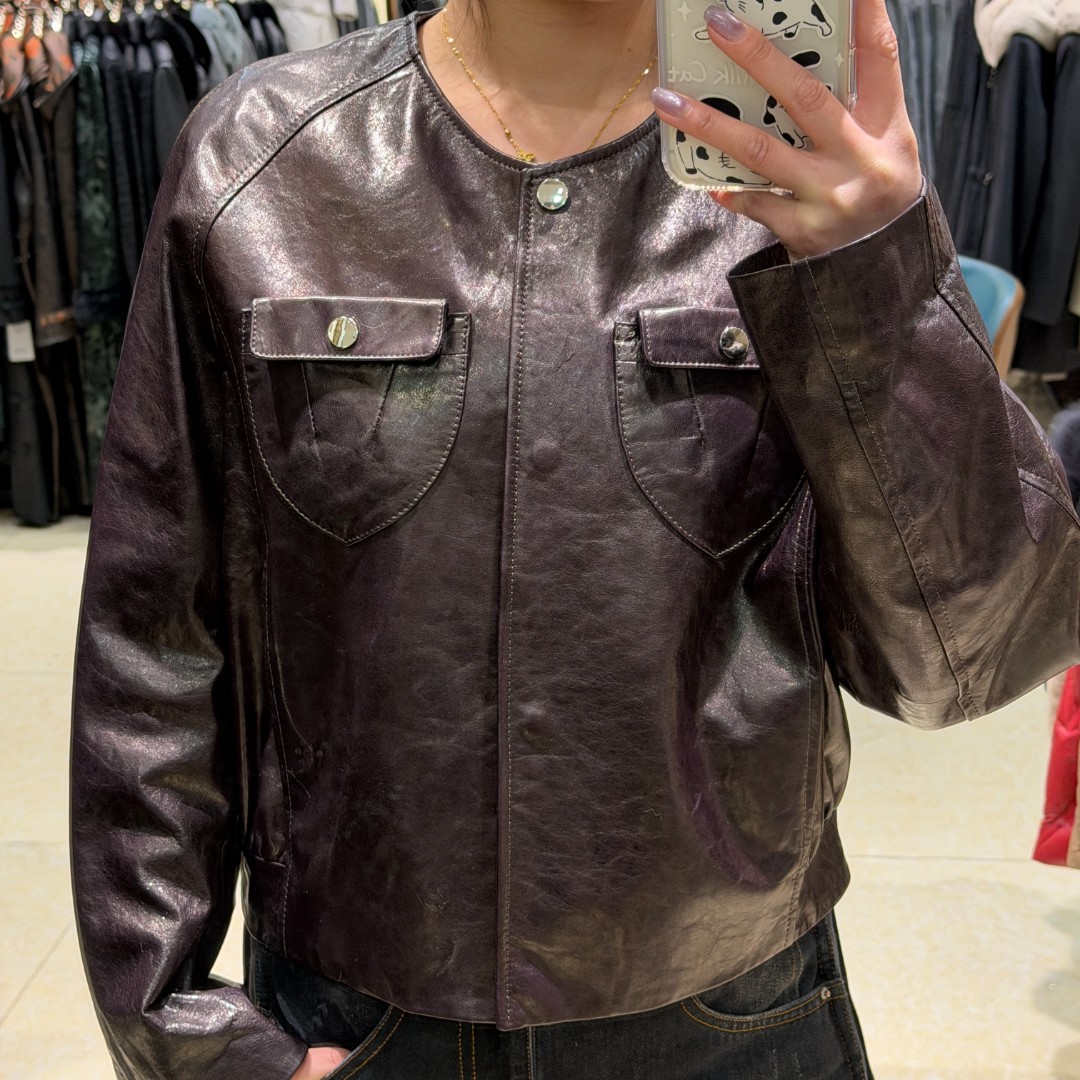 女士油蜡皮夹克秋季秋冬短款常规口袋圆领皮衣复古长袖皮夹克