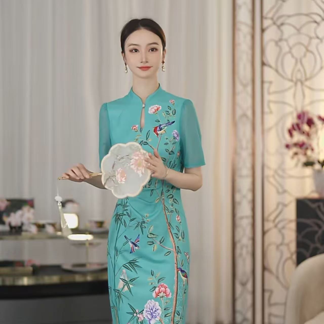 SUSSI/古色【清风竹影】绿色中国风走秀宴会修身印花旗袍裙连衣裙