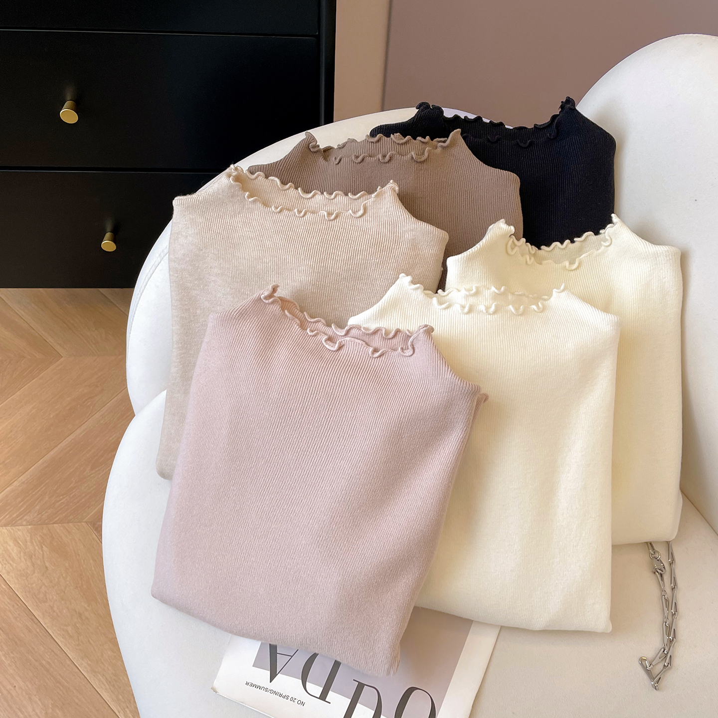 小C家 木耳边半高领针织衫女2025新款冬季修身内搭打底衫短款上衣