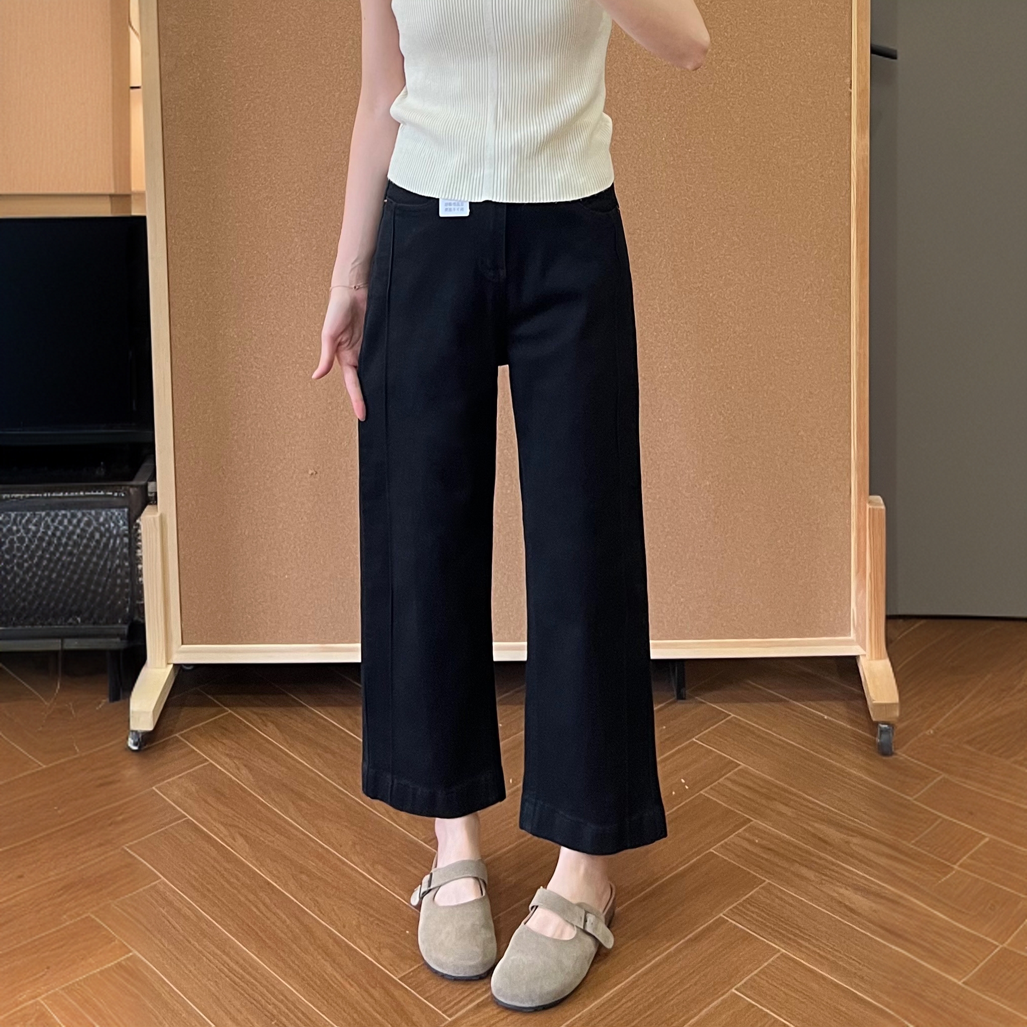 黑色直筒牛仔裤女秋季新款大码胖妹妹mm高腰弹力小个子九分阔腿裤