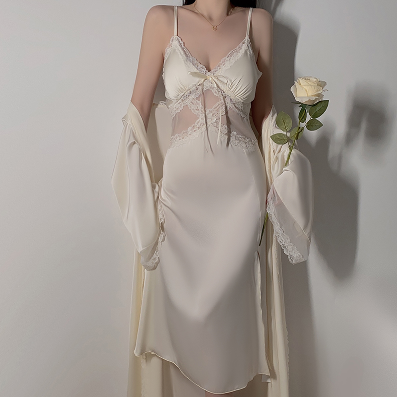 纯欲网纱睡衣深V加胸垫吊带睡裙丝滑外袍家居服套装