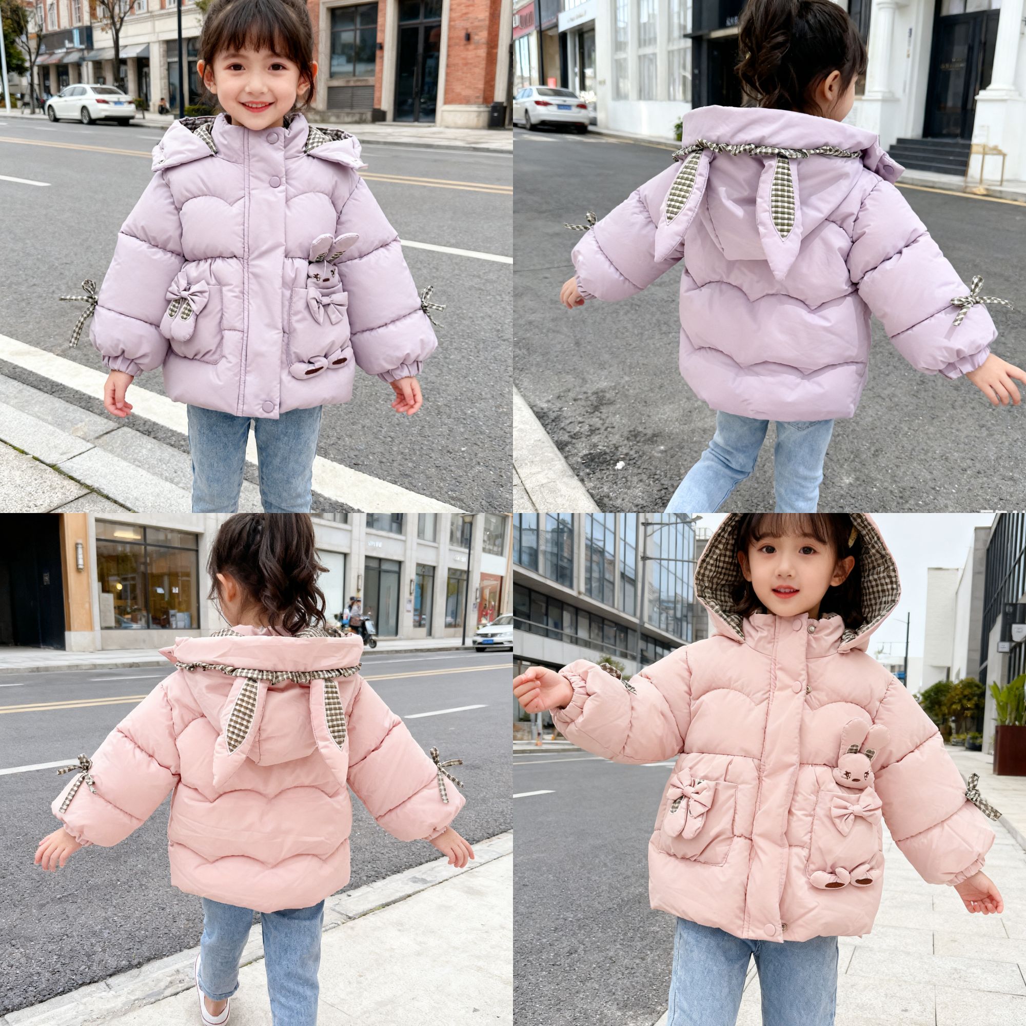 122粉紫兔耳朵连帽外套女童冬季加厚加绒