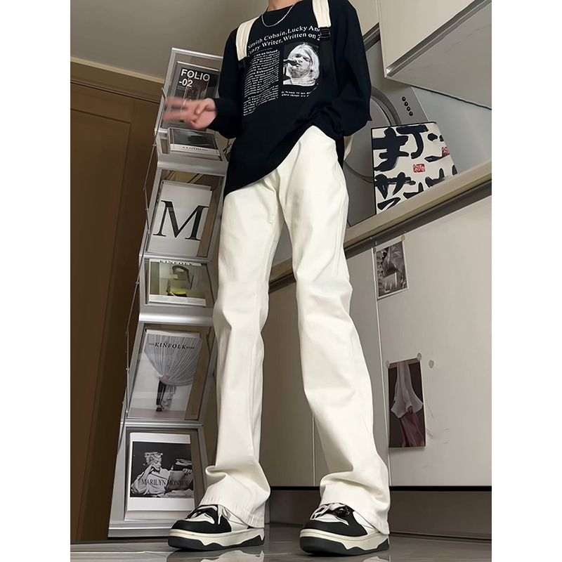 白色牛仔裤男女款美式高街直筒修身直筒四季弹力高腰显瘦微喇裤子