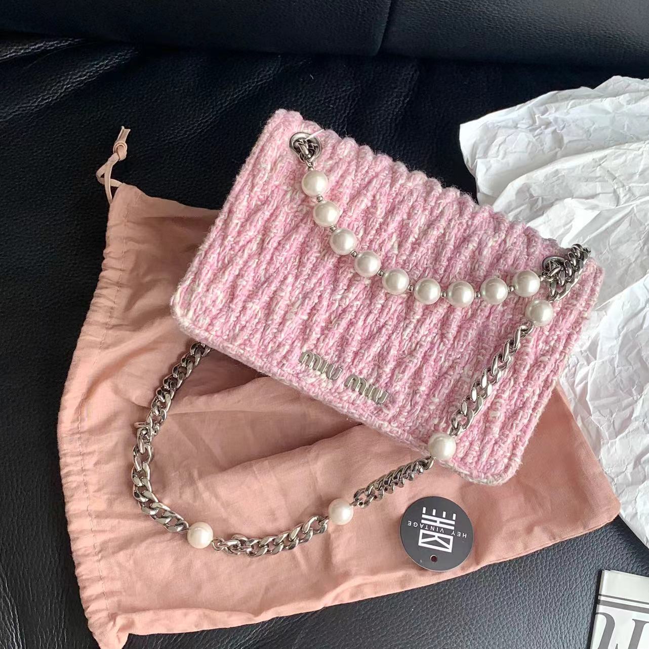 95新 MIU MIU/缪缪 粉色毛呢编织邮差包 19cm 14179633