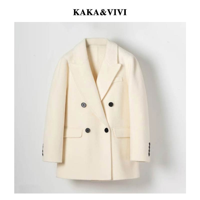 西装通勤风双排扣宽松翻盖贴袋羊毛大衣