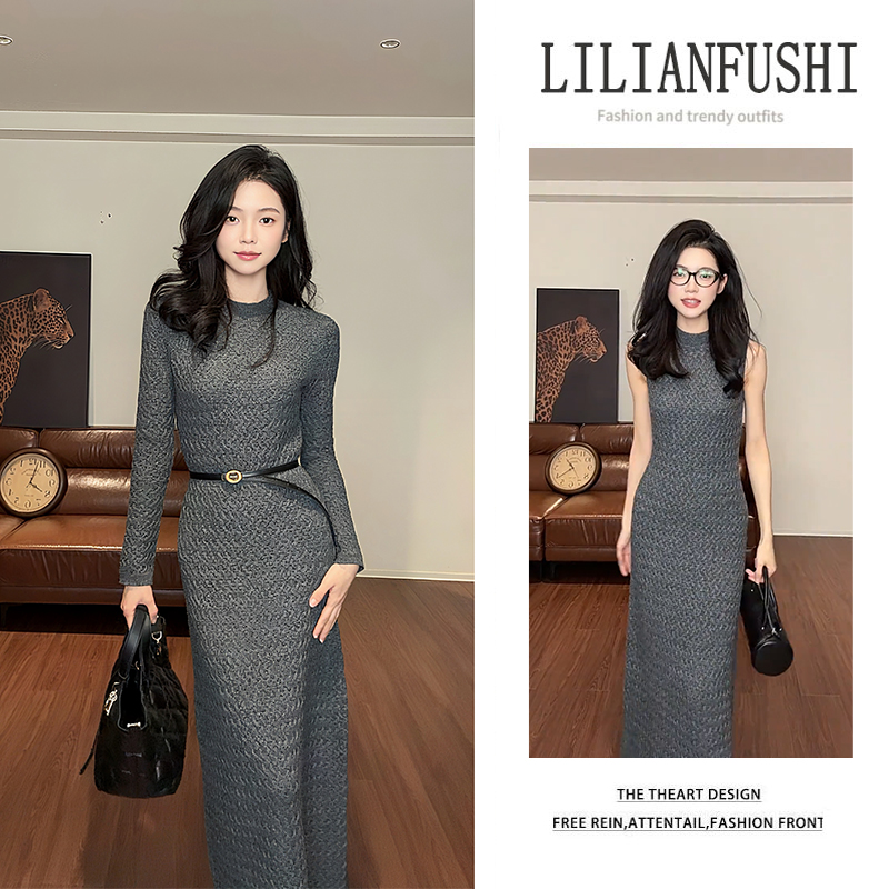 韩系穿搭2025秋冬新款高级感气质简约修身圆领针织无袖连衣裙显瘦