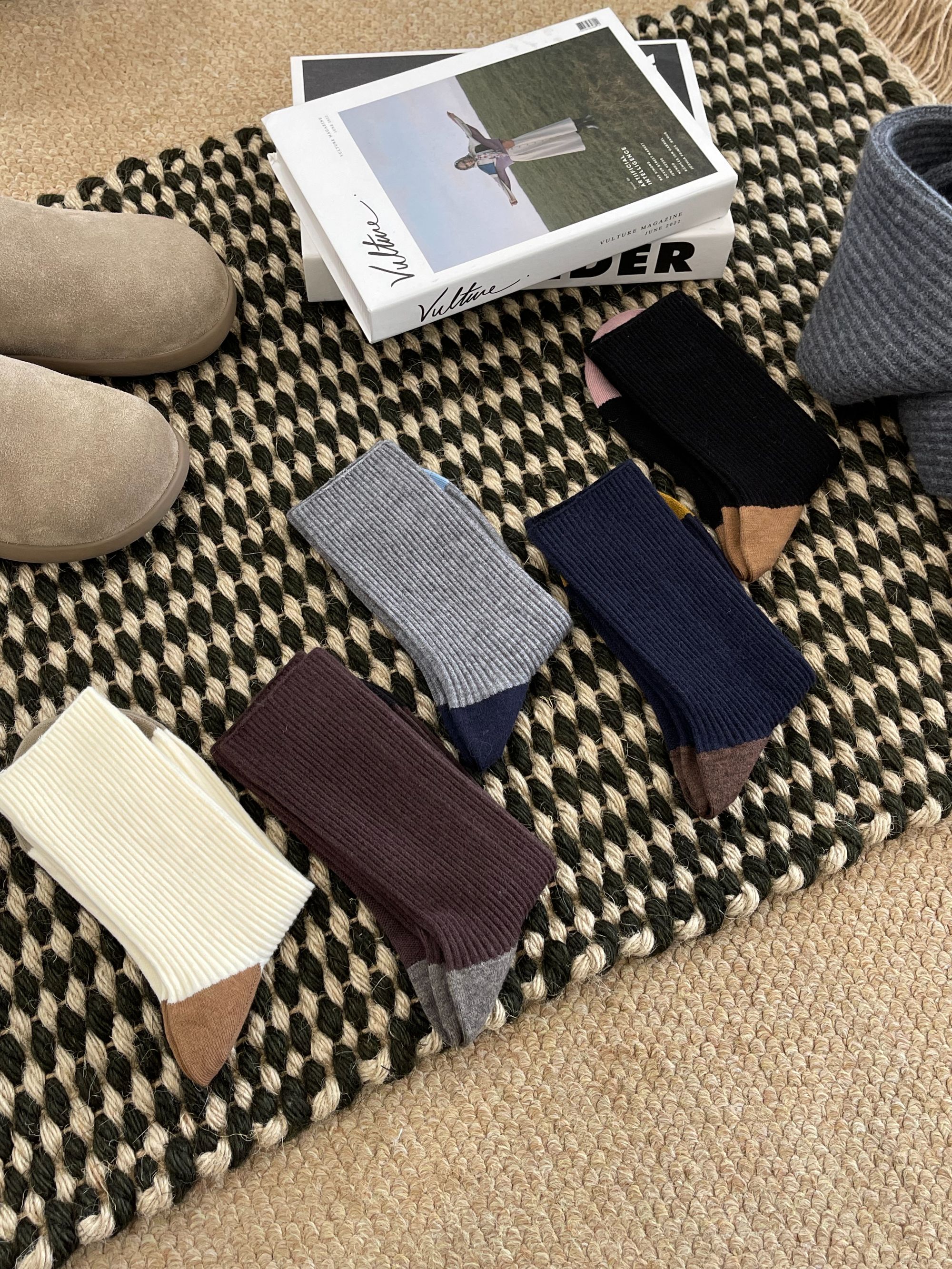 PANDR 冬韩版羊毛混纺袜子女文艺森系学院风中筒撞色保暖堆堆袜