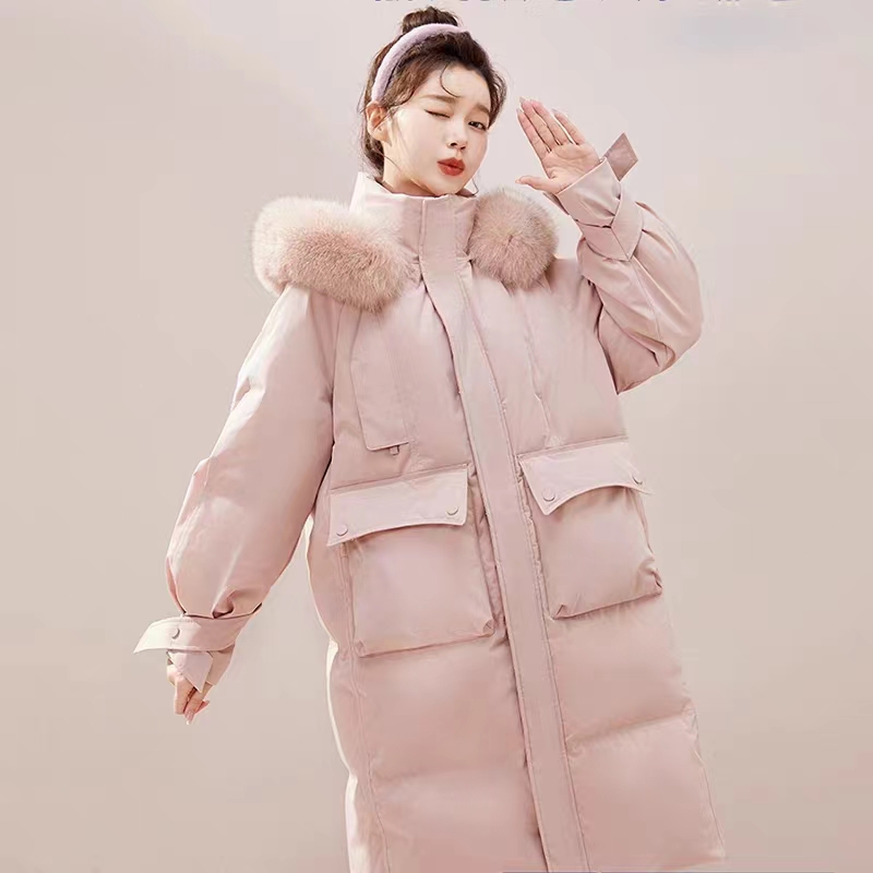  新款时尚休闲连帽宽松中长款加厚韩版90白鸭绒羽绒服狐狸毛