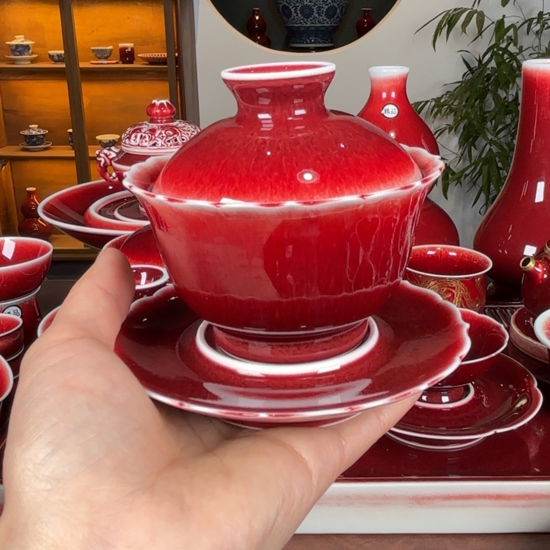 杯景德镇原矿郎红杯三才盖碗